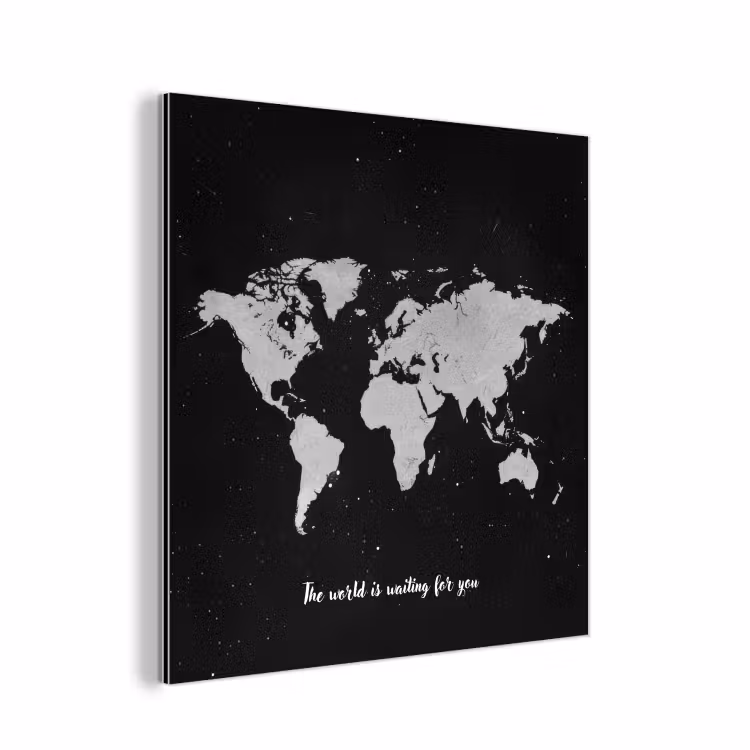 Quote - Wereldkaart - Zwart aluminium wit klein -3d