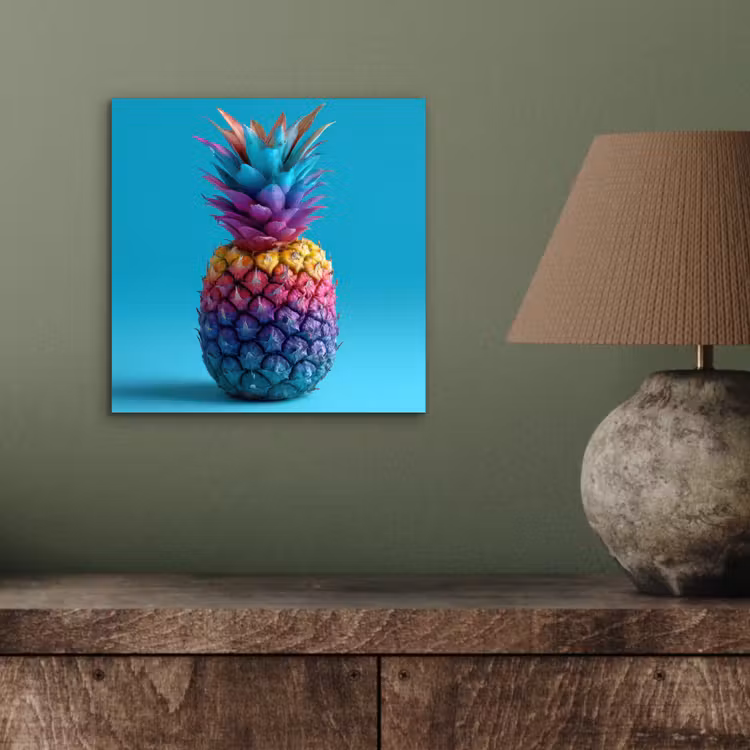 Ananas - Regenboog - Blauw - Popart aluminium wit klein -sfeer2