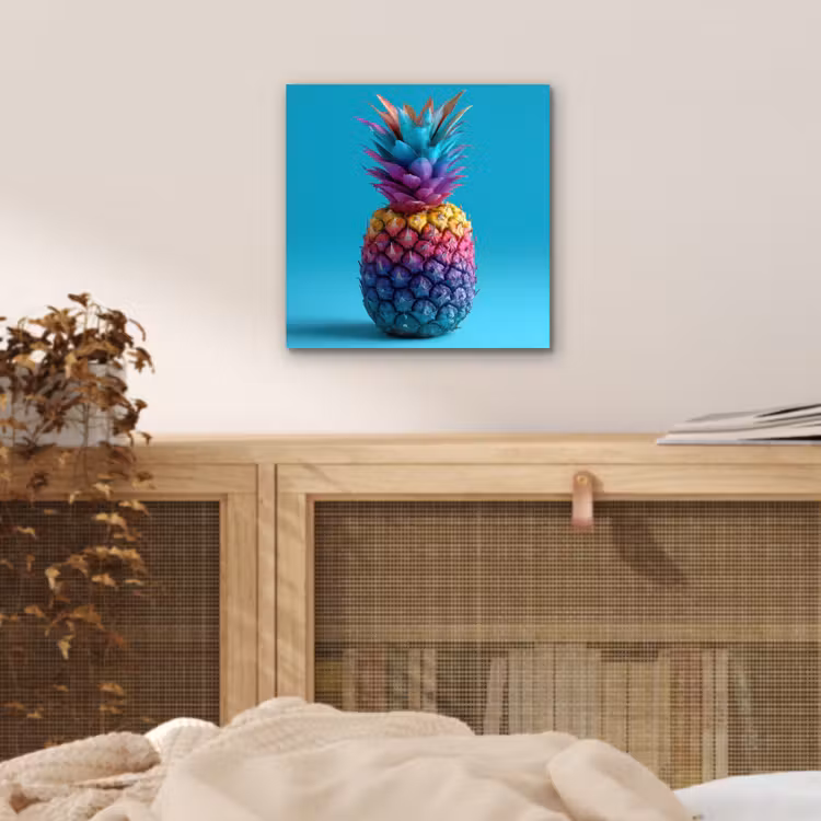 Ananas - Regenboog - Blauw - Popart aluminium wit klein -sfeer3