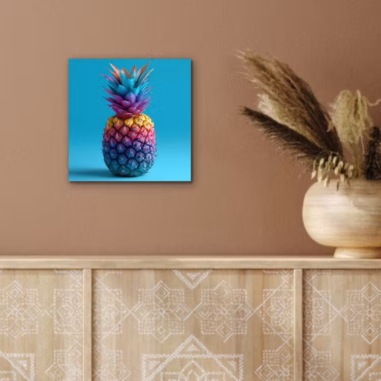 Ananas - Regenboog - Blauw - Popart aluminium wit klein -sfeer4