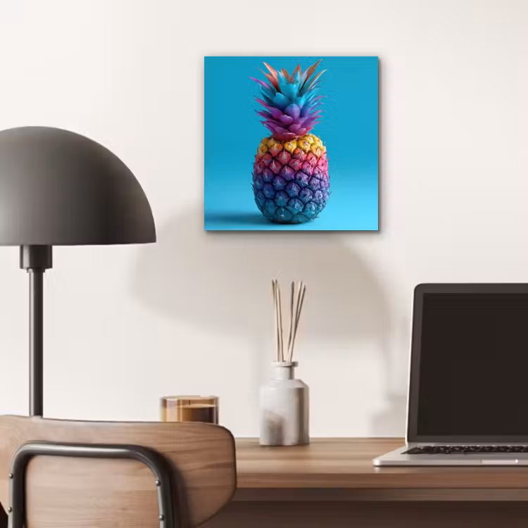 Ananas - Regenboog - Blauw - Popart aluminium wit klein -sfeer5