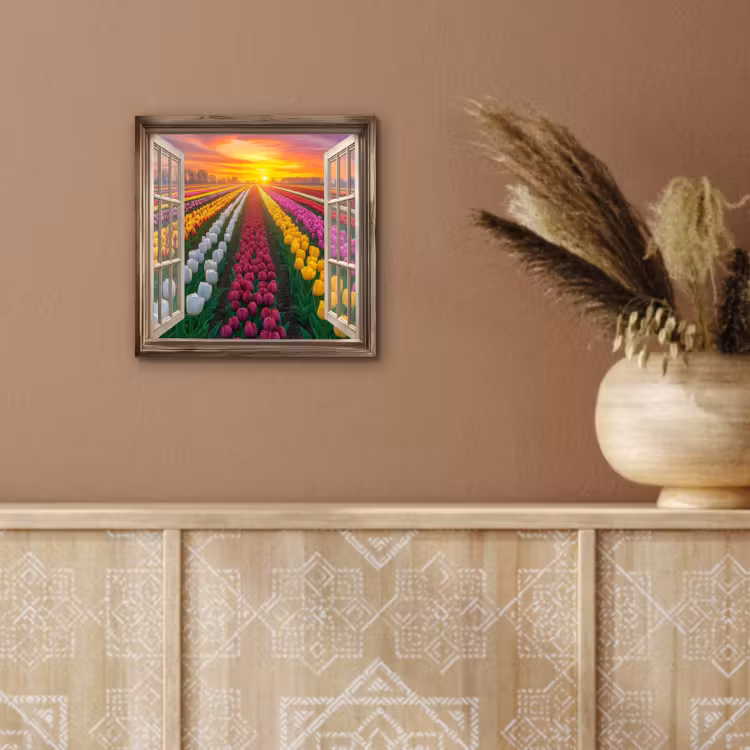 Doorkijk - Bloemen - Tulpen - Kleurrijk - Zonsondergang aluminium wit klein -sfeer4