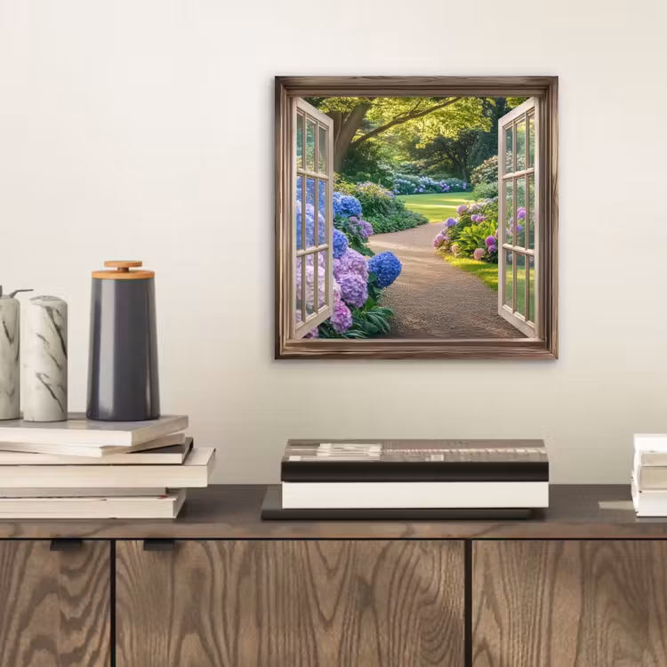 Doorkijk - Tuin - Raam - Hortensia - Bloemen aluminium wit klein -sfeer1