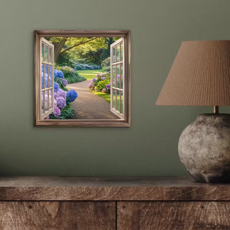 Doorkijk - Tuin - Raam - Hortensia - Bloemen aluminium wit klein -sfeer2