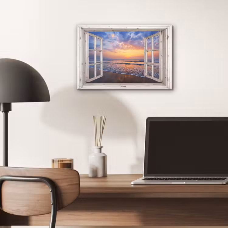 Doorkijk - Zee - Strand - Zonsondergang - Blauw aluminium wit klein -sfeer5