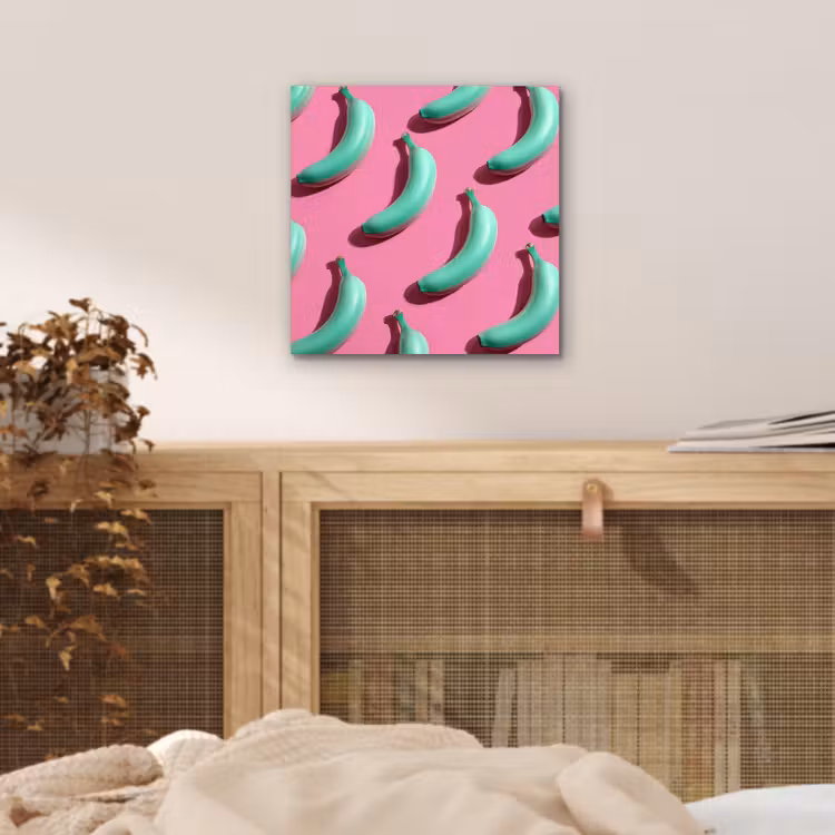 Bananen - Patroon - Blauw - Roze aluminium wit klein -sfeer3