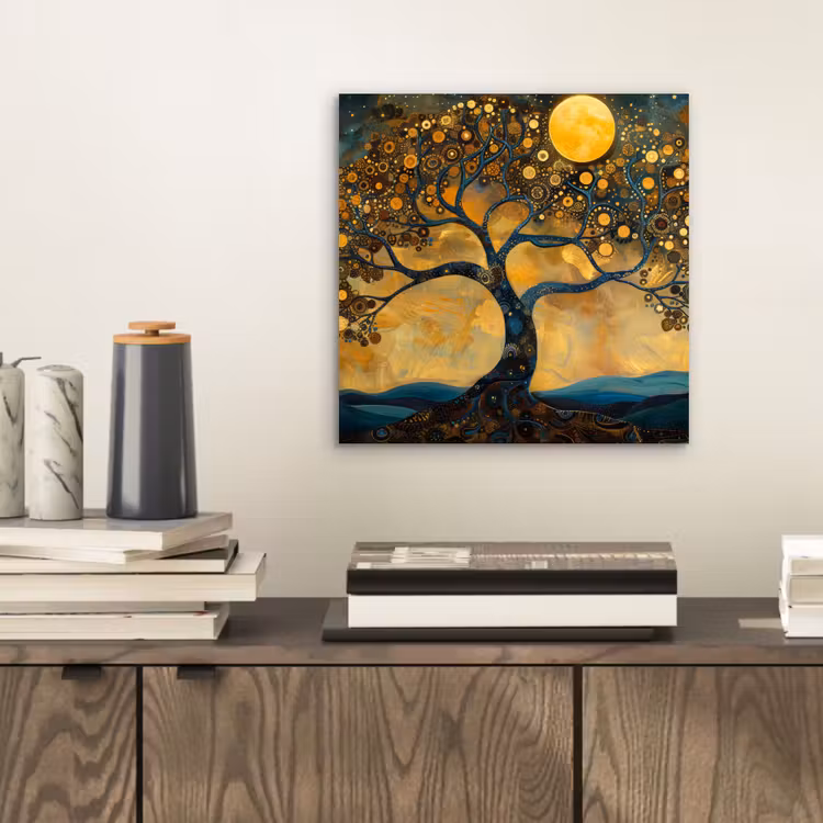 Boom - Maan - Bloemen - Goud - Kunst aluminium wit klein -sfeer1