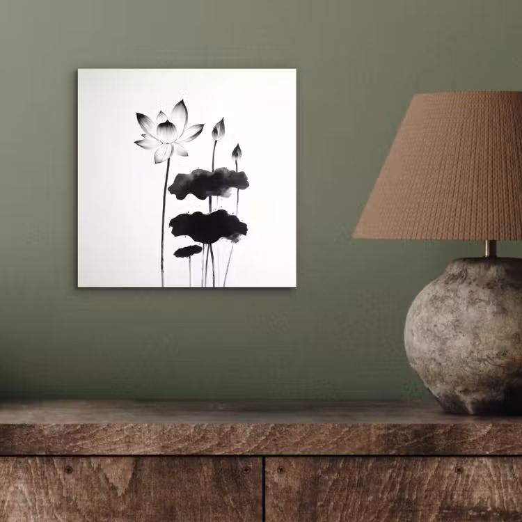 Bladeren - Zwart - Lotusbloem - Minimalitisch aluminium wit klein -sfeer2