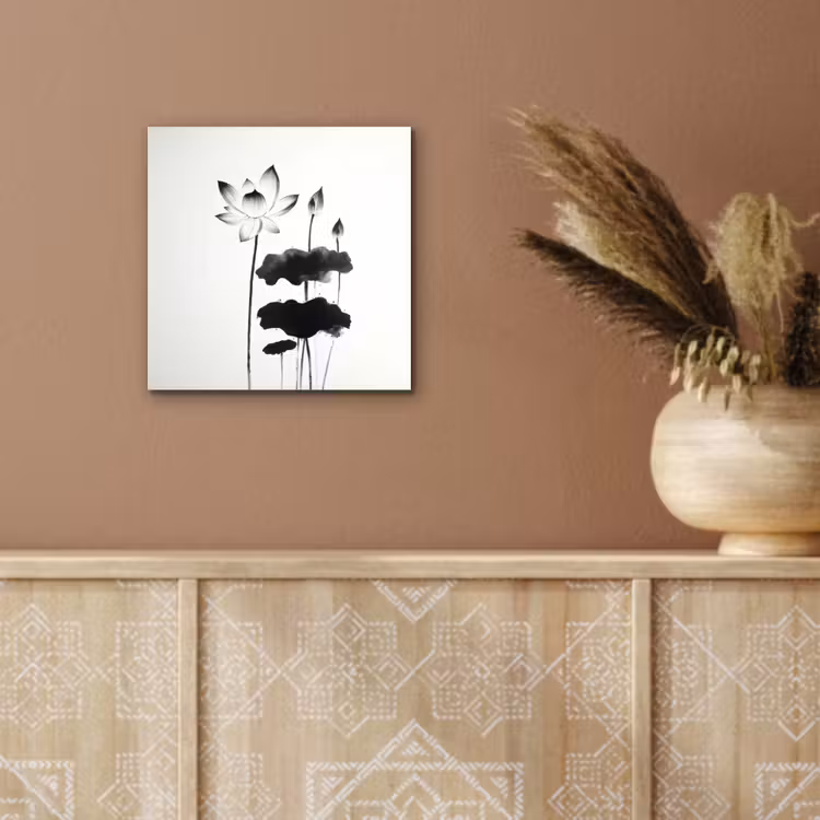 Bladeren - Zwart - Lotusbloem - Minimalitisch aluminium wit klein -sfeer4