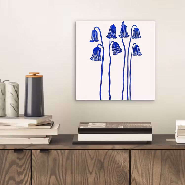 Bloemen - Blauw - Lijnen - Bloemblaadjes aluminium wit klein -sfeer1