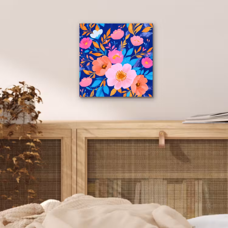 Bloemen - Blauw - Roze aluminium wit klein -sfeer3