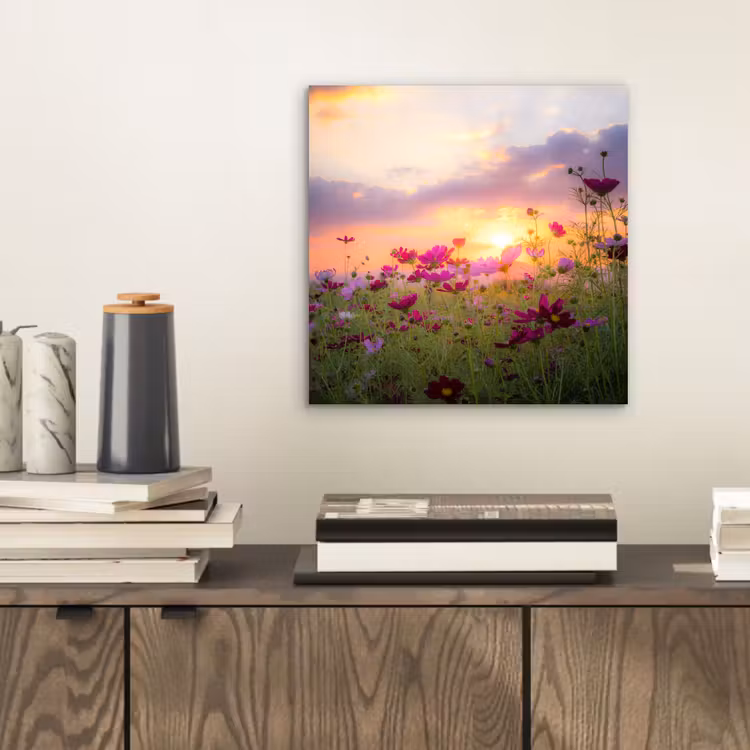 Bloemen - Roze - Zonsondergang - Natuur - Weide - Horizon aluminium wit klein -sfeer1