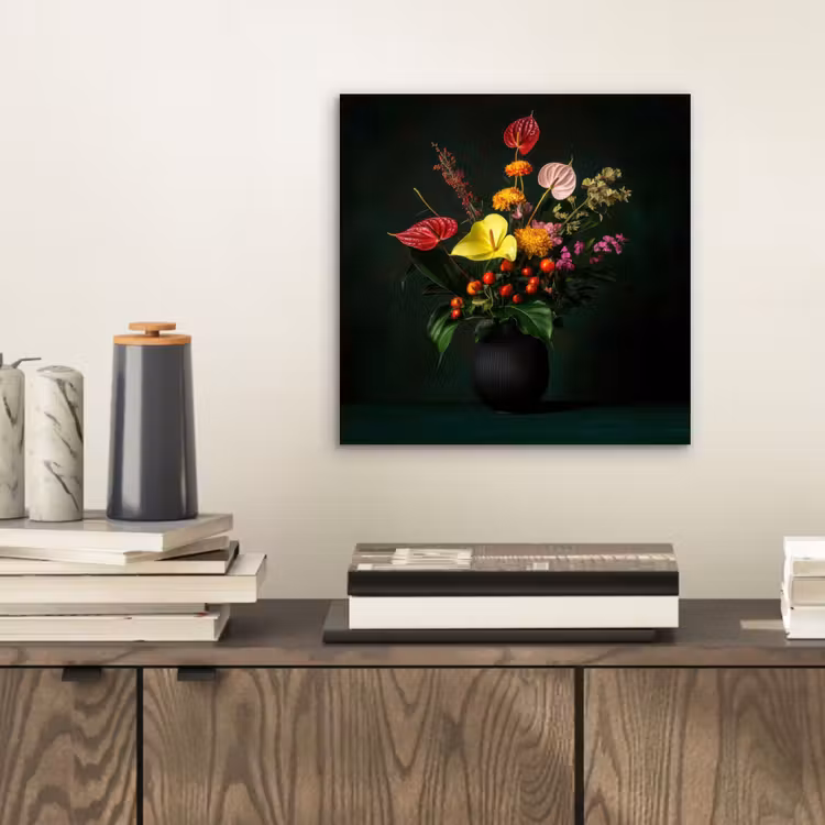 Bloemen - Vaas - Zwart aluminium wit klein -sfeer1
