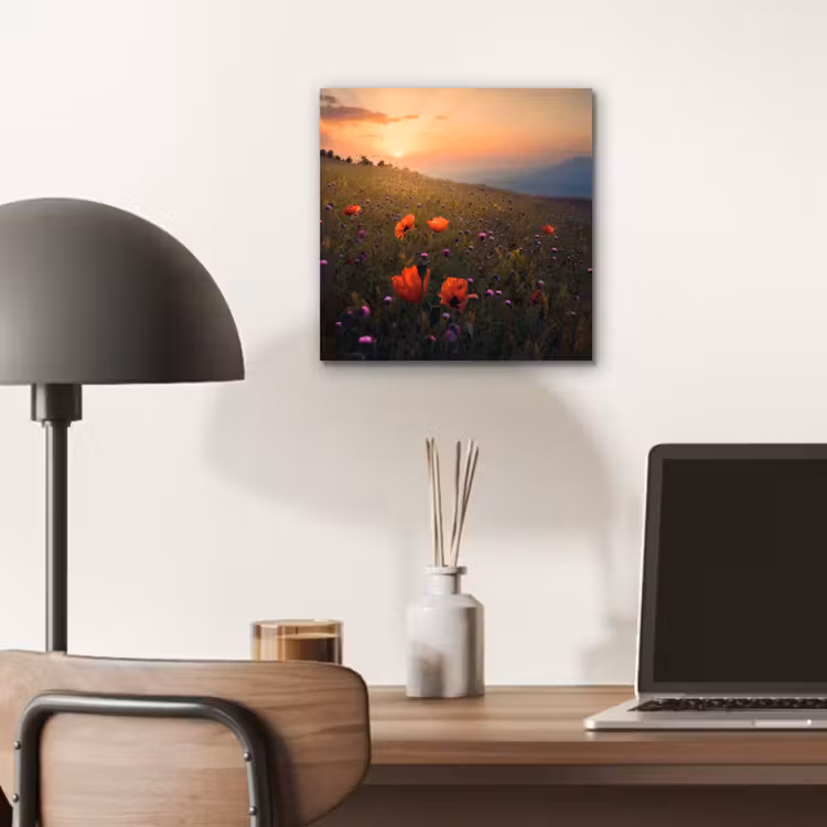 Bloemenveld - Gras - Bloemen - Planten - Zonsondergang - Oranje aluminium wit klein -sfeer5
