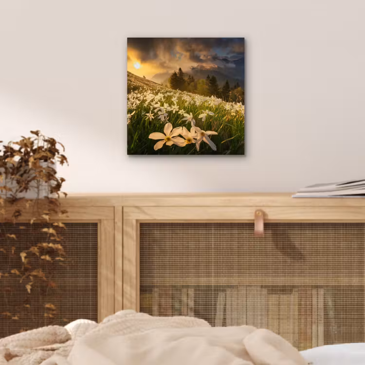 Bloemenveld - Heuvels - Zonsondergang - Berg - Natuur - Wit - Heuvels aluminium wit klein -sfeer3