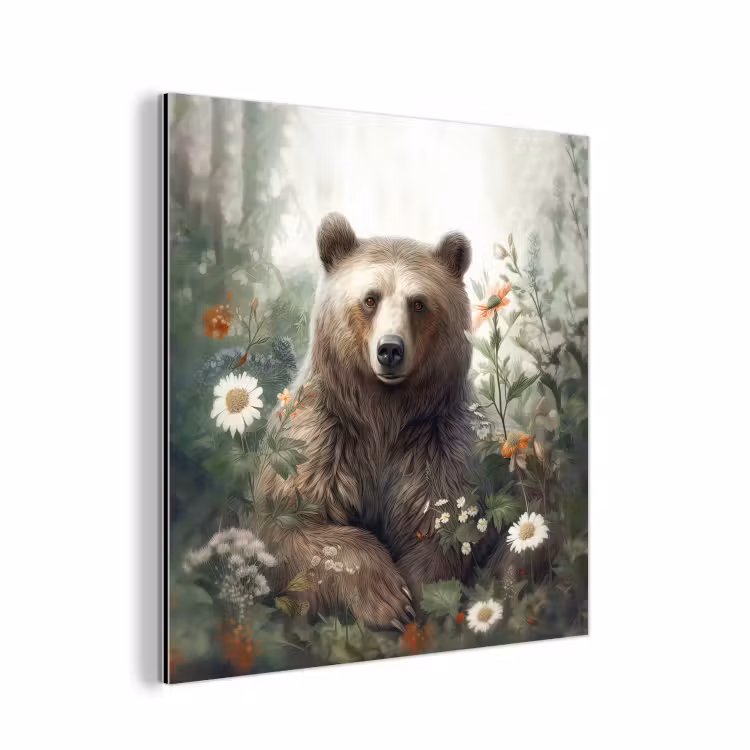 Bruine beer - Wilde dieren - Bloemen - Planten aluminium wit klein -3d