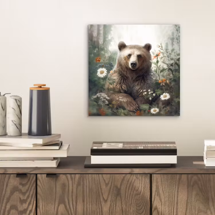 Bruine beer - Wilde dieren - Bloemen - Planten aluminium wit klein -sfeer1