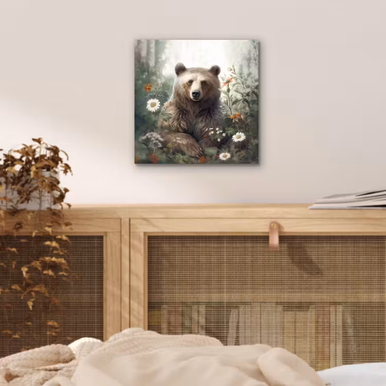 Bruine beer - Wilde dieren - Bloemen - Planten aluminium wit klein -sfeer3