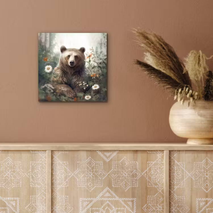 Bruine beer - Wilde dieren - Bloemen - Planten aluminium wit klein -sfeer4