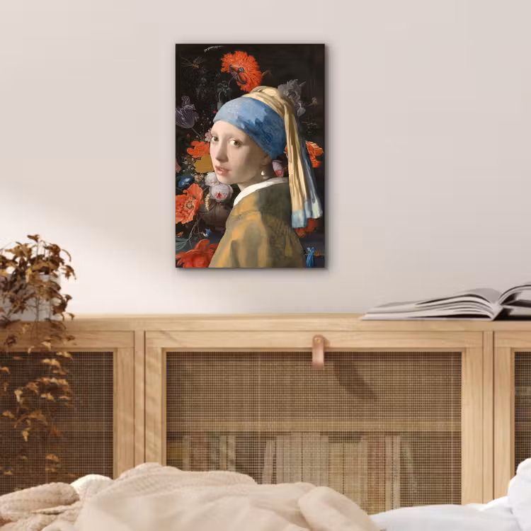 Meisje met de parel - Johannes Vermeer - Bloemen aluminium wit klein -sfeer3