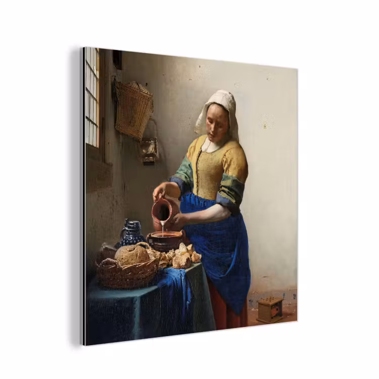Het melkmeisje - Schilderij van Johannes Vermeer aluminium wit klein -3d