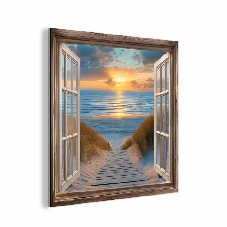 Doorkijk - Strand - Pad - Zonsondergang aluminium wit klein -3d