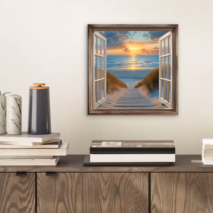 Doorkijk - Strand - Pad - Zonsondergang aluminium wit klein -sfeer1