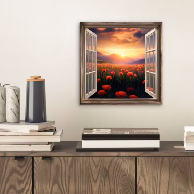 Doorkijk - Klaprozen - Bloemen - Rood - Open raam aluminium wit klein -sfeer1