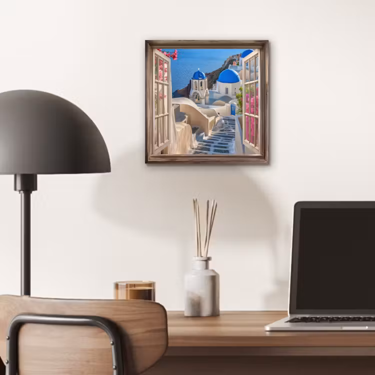 Doorkijk - Santorini - Landschap - Blauw - Grieks aluminium wit klein -sfeer5