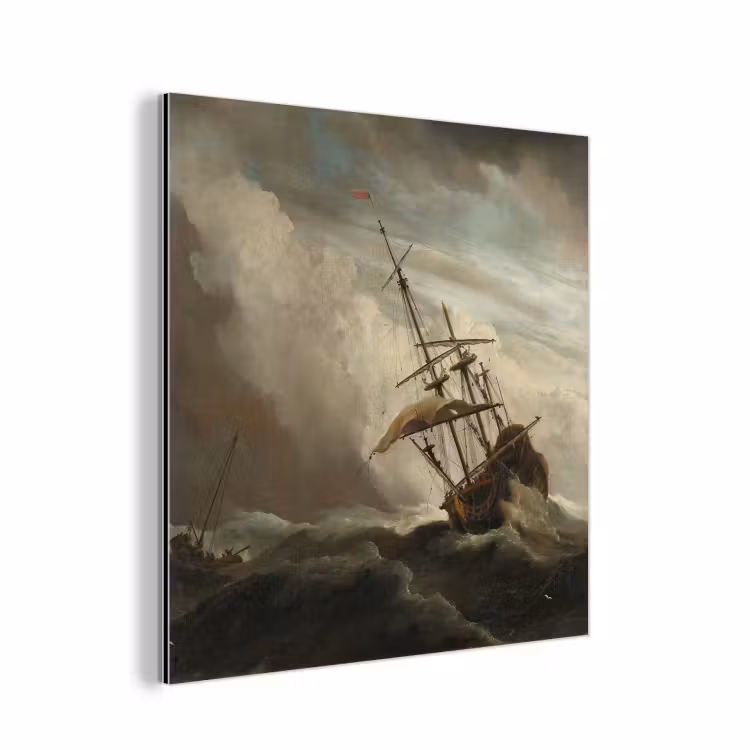 Een schip in volle zee bij vliegende storm - Schilderij van Willem van de Velde aluminium wit klein -3d