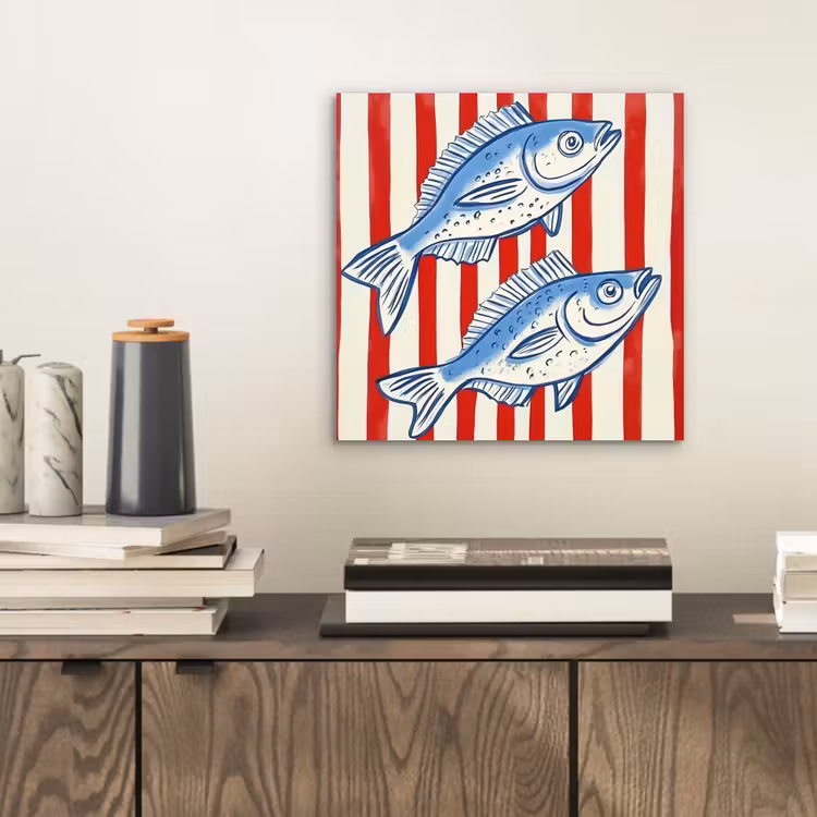 Vissen - Verticale strepen - Blauw - Rood aluminium wit klein -sfeer1