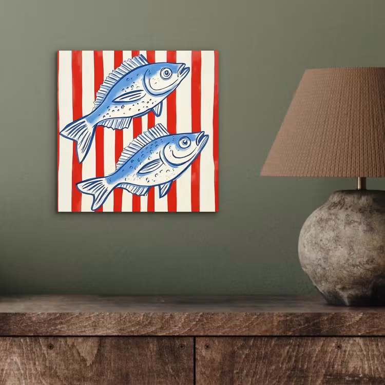 Vissen - Verticale strepen - Blauw - Rood aluminium wit klein -sfeer2