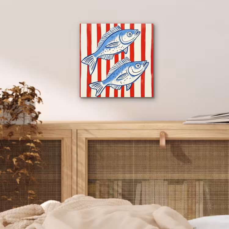 Vissen - Verticale strepen - Blauw - Rood aluminium wit klein -sfeer3