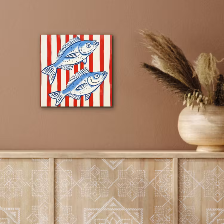 Vissen - Verticale strepen - Blauw - Rood aluminium wit klein -sfeer4