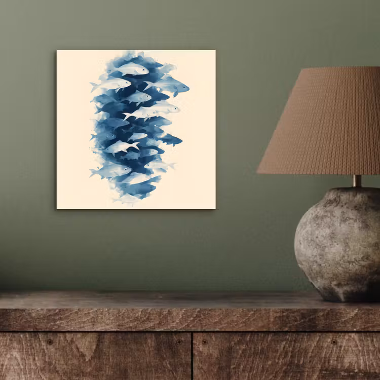 Vissen - Minimalistisch - Blauw aluminium wit klein -sfeer2