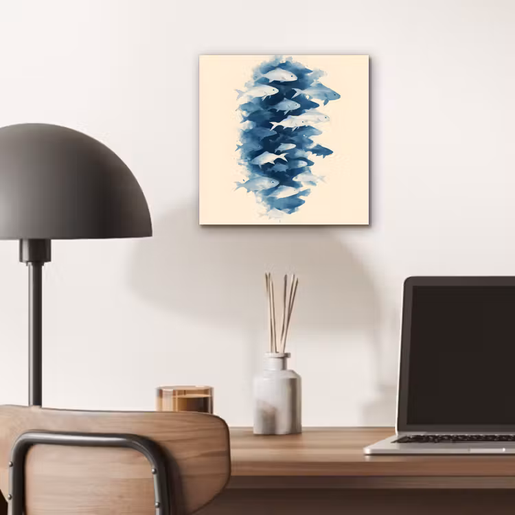 Vissen - Minimalistisch - Blauw aluminium wit klein -sfeer5