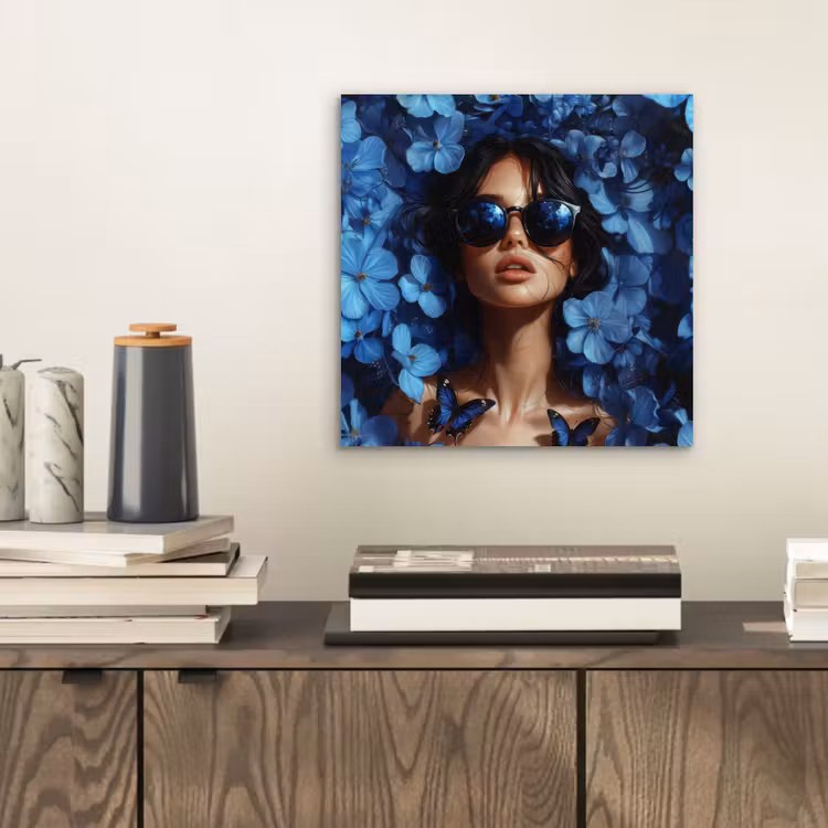Vrouw - Blauw - Bloemen - Vlinders - Natuur aluminium wit klein -sfeer1