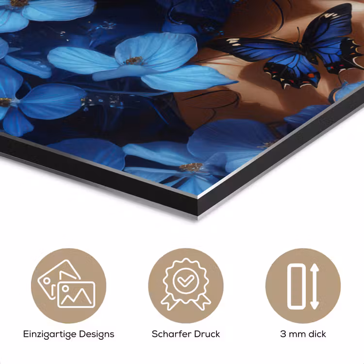 Vrouw - Blauw - Bloemen - Vlinders - Natuur aluminium wit klein -closeup_DE