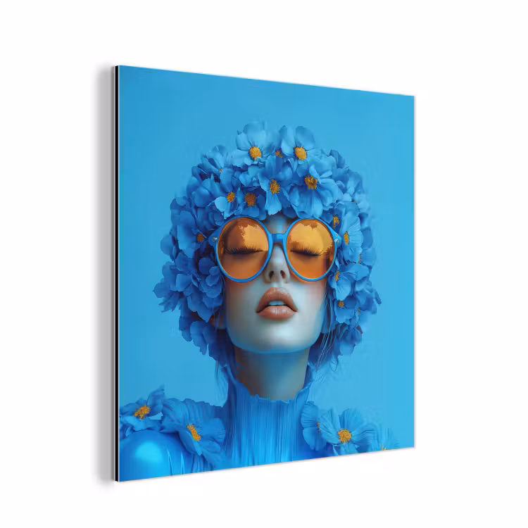 Vrouw - Bloem - Blauw - Modern - Bril - Portret aluminium wit klein -3d