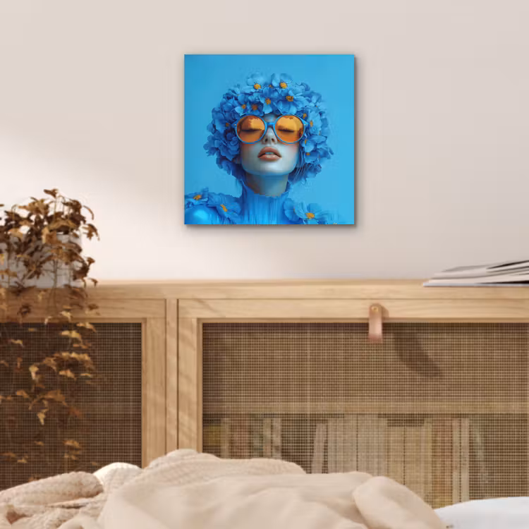 Vrouw - Bloem - Blauw - Modern - Bril - Portret aluminium wit klein -sfeer3