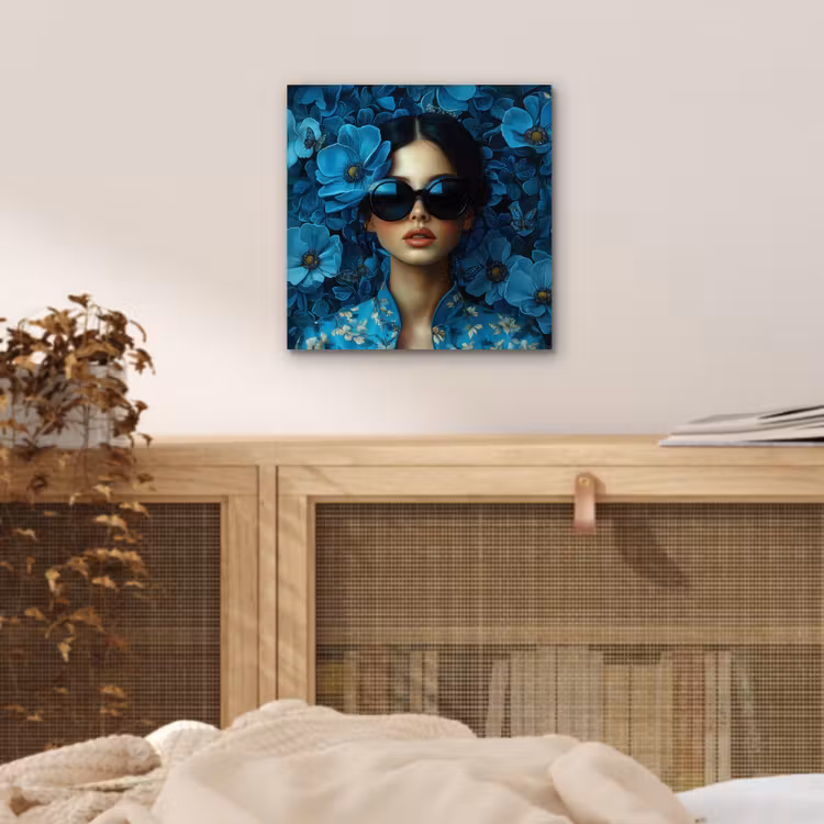 Vrouw - Bloemen - Blauw - Aesthetic - Luxe aluminium wit klein -sfeer3