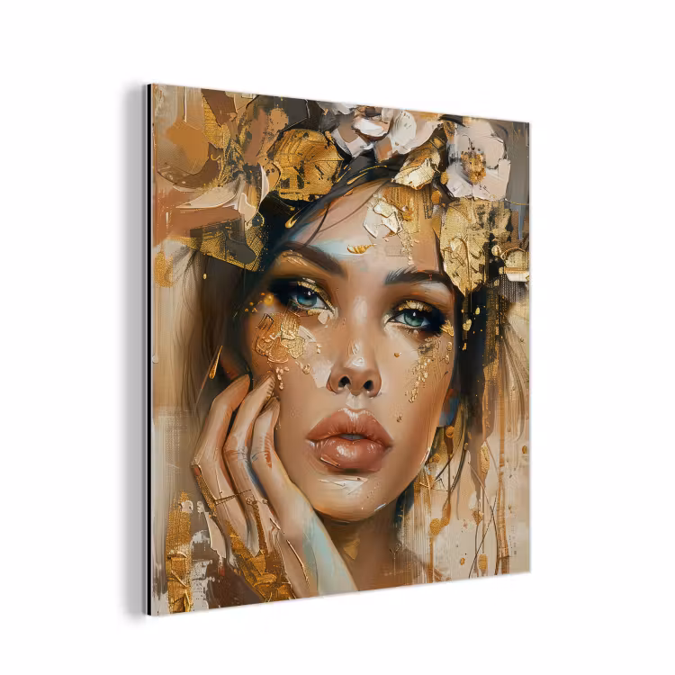 Vrouw - Bloemen - Goud - Portret aluminium wit klein -3d