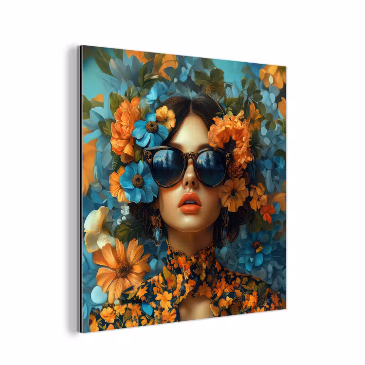 Vrouw - Bloemen - Oranje - Blauw - Modern aluminium wit klein -3d