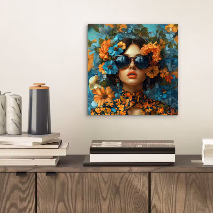 Vrouw - Bloemen - Oranje - Blauw - Modern aluminium wit klein -sfeer1