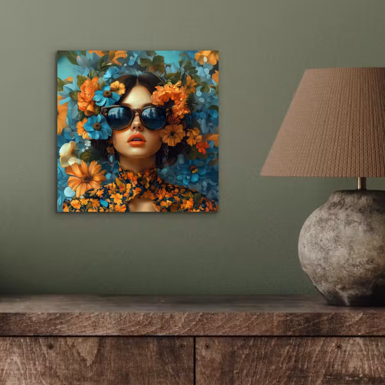 Vrouw - Bloemen - Oranje - Blauw - Modern aluminium wit klein -sfeer2
