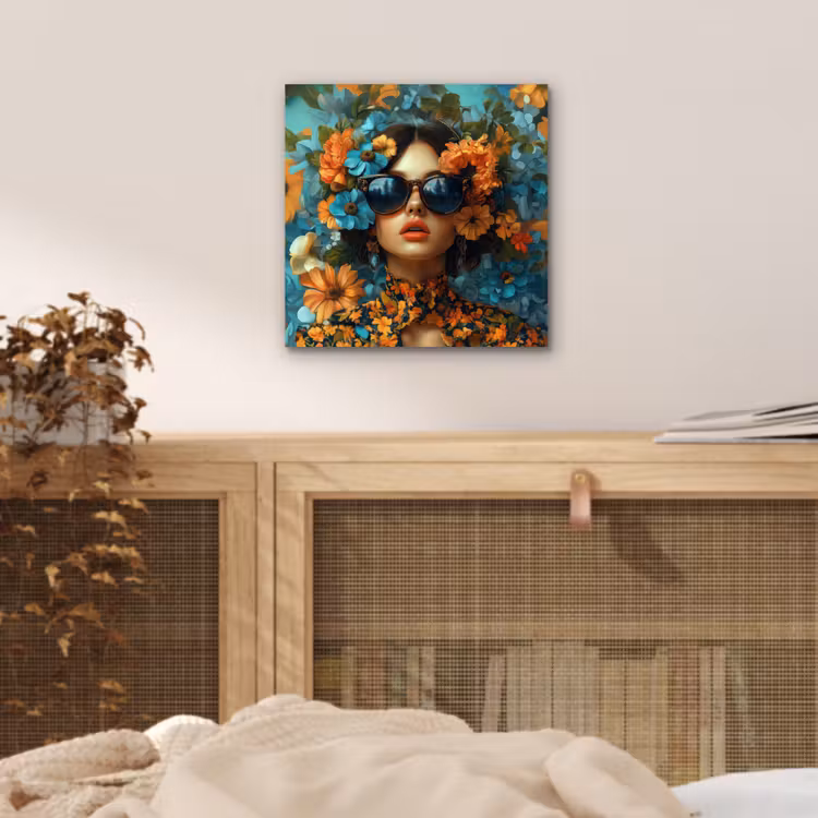 Vrouw - Bloemen - Oranje - Blauw - Modern aluminium wit klein -sfeer3