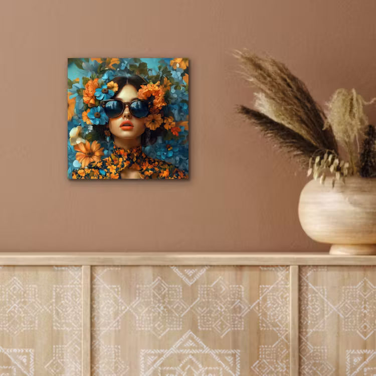 Vrouw - Bloemen - Oranje - Blauw - Modern aluminium wit klein -sfeer4