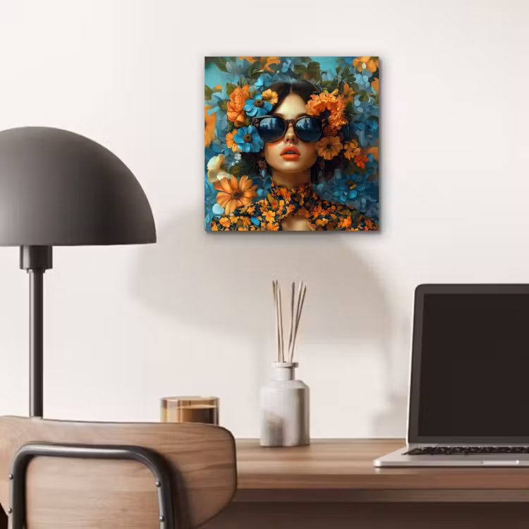 Vrouw - Bloemen - Oranje - Blauw - Modern aluminium wit klein -sfeer5