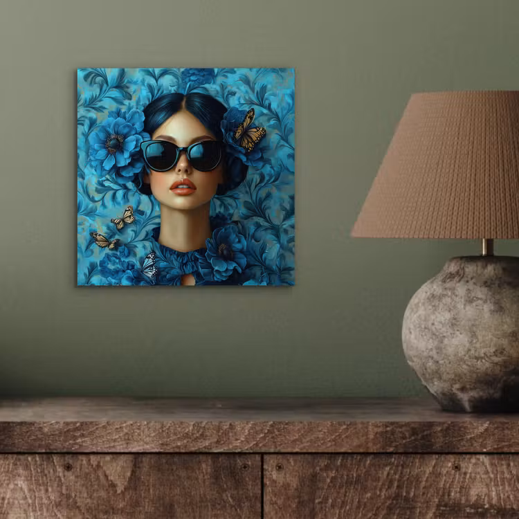 Vrouw - Bloemen - Vlinders - Blauw - Abstract aluminium wit klein -sfeer2