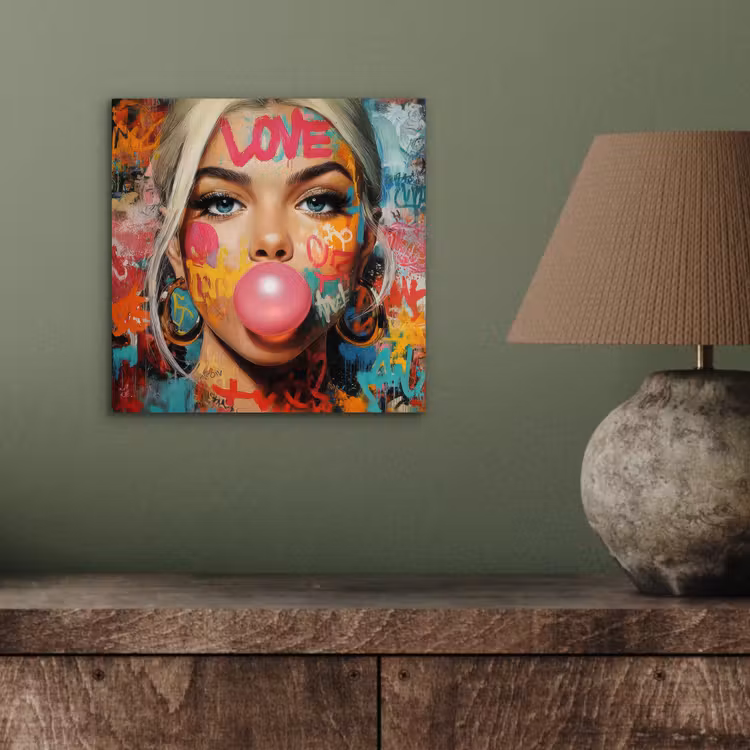 Vrouw - Kauwgom - Graffiti - Love aluminium wit klein -sfeer2